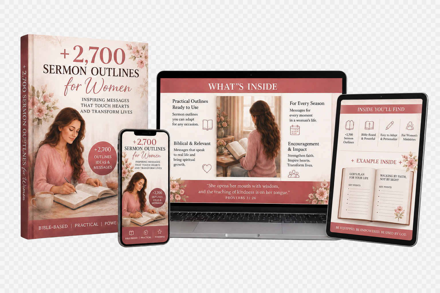 +2,700 Sermon Outlines for Women on laptop, tablet and phone